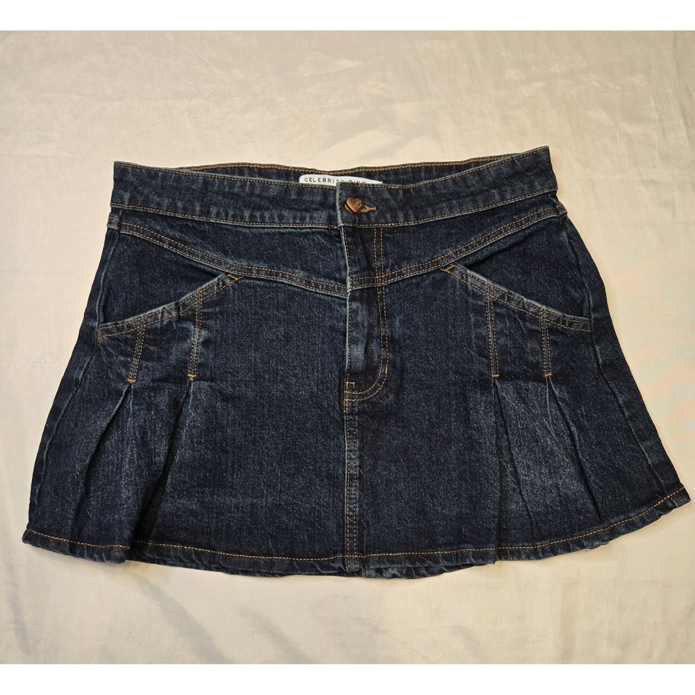 Celebrity Pink Dark Blue Denim Pleated Skirt Medium 30x13" Pockets, Zip School